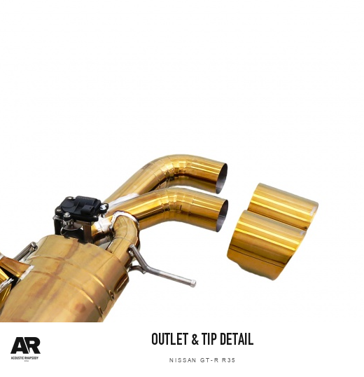 AR Nissan GT-R R35 Titanium Exhaust — outlet & tip detail. Original product photograph styled with AR branding.