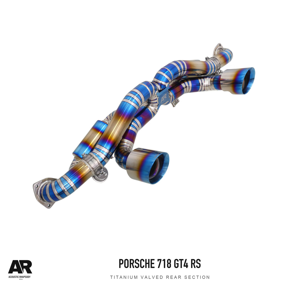 AR Porsche 718 GT4 RS Titanium Valved Rear Section — complete photographed assembly. Original product photograph styled with AR branding.