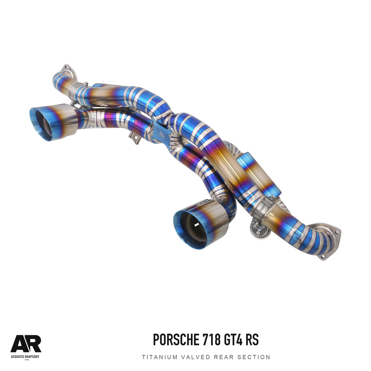 AR Porsche 718 GT4 RS Titanium Valved Rear Section — second original photographic angle. Original product photograph styled with AR branding.