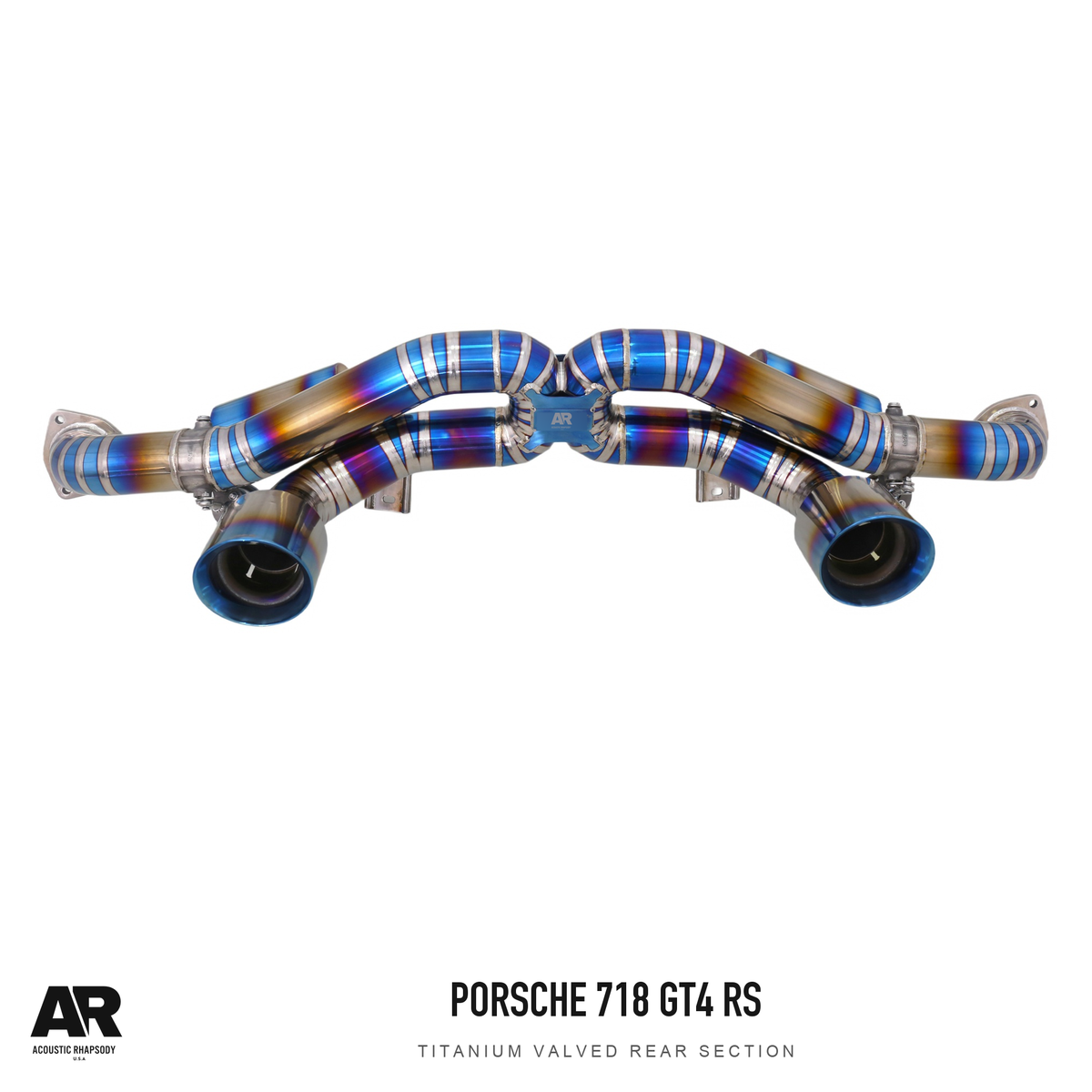 AR Porsche 718 GT4 RS Titanium Valved Rear Section — third original photographic angle. Original product photograph styled with AR branding.