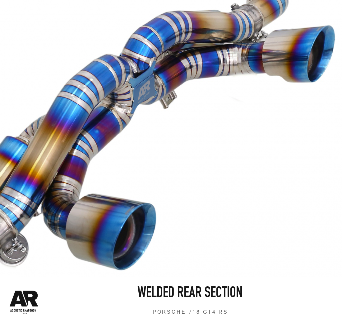 AR Porsche 718 GT4 RS Titanium Valved Rear Section — welded rear section. Original product photograph styled with AR branding.