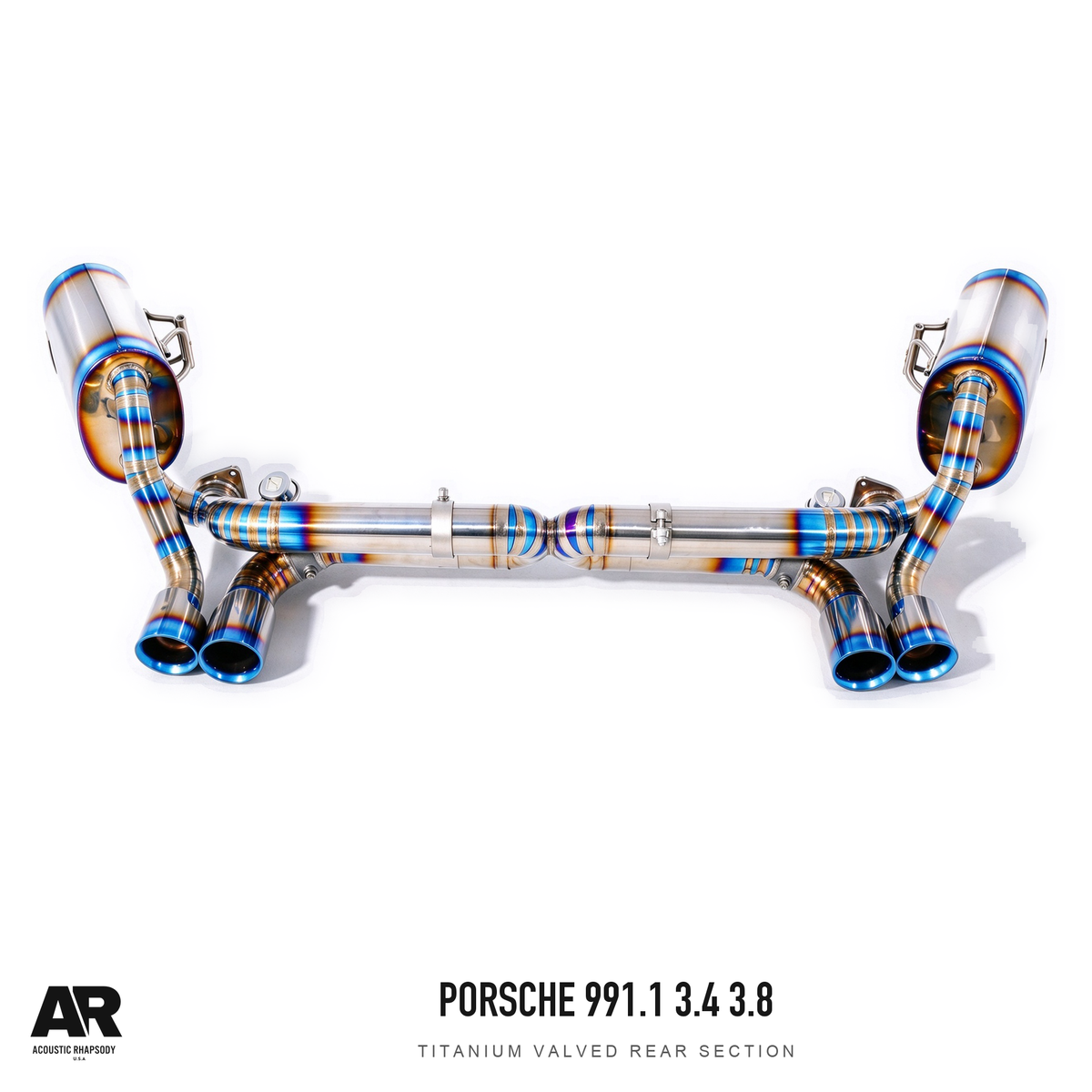 AR Porsche 991.1 3.4 3.8 Titanium Valved Rear Section — complete assembly, view 2; original finish with AR presentation.