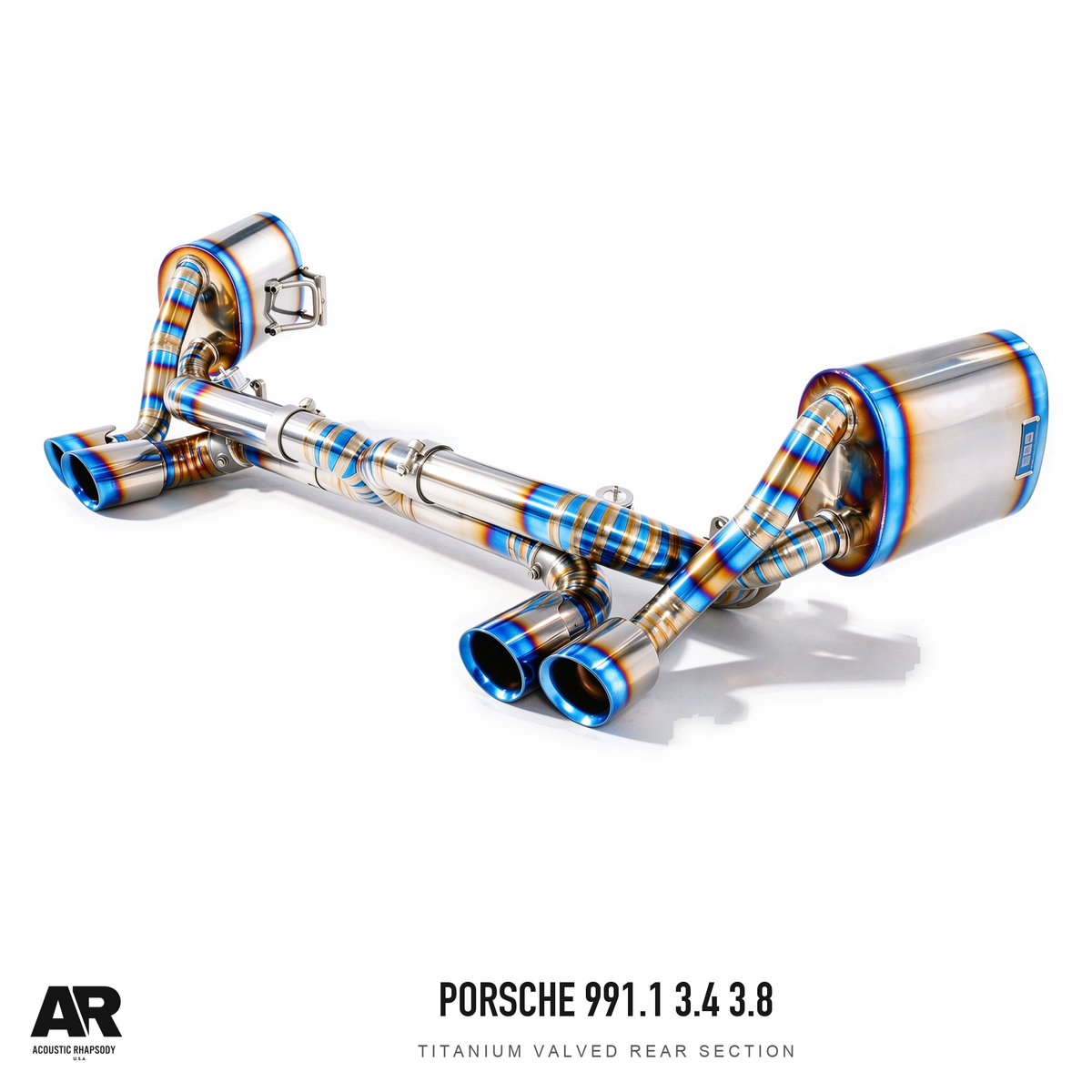 AR Porsche 991.1 3.4 3.8 Titanium Valved Rear Section — complete assembly, view 3; original finish with AR presentation.