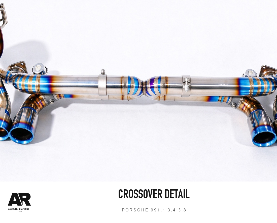 AR Porsche 991.1 3.4 3.8 Titanium Valved Rear Section — original photograph detail 5; original finish with AR presentation.