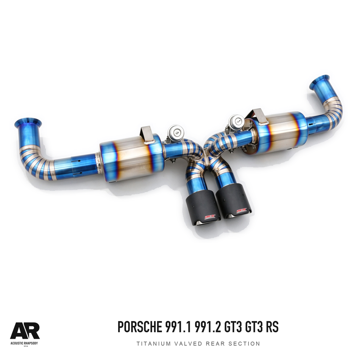 AR Porsche 991.1 991.2 GT3 GT3 RS Titanium Valved Rear Section — complete assembly, view 1; original finish with AR presentation.