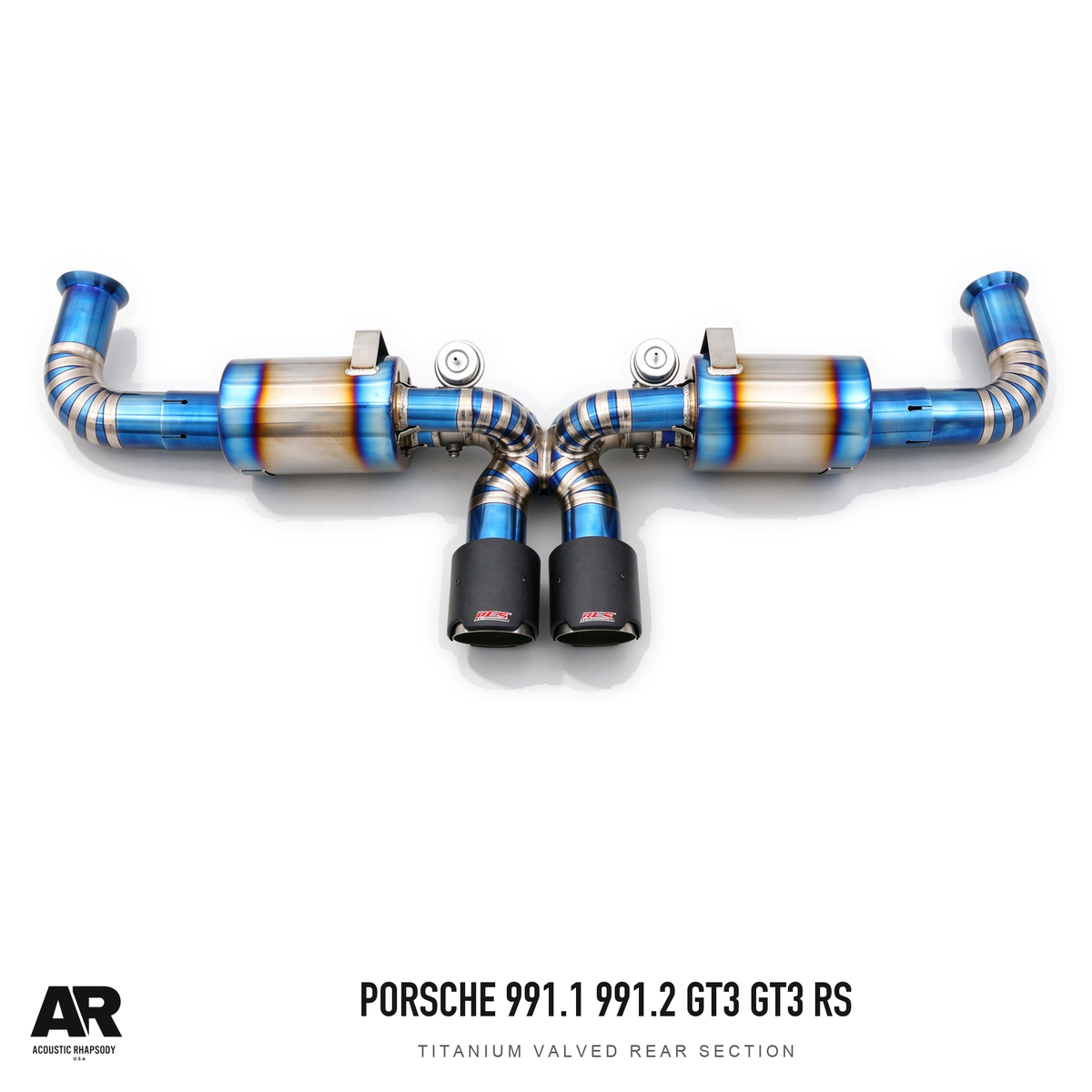 AR Porsche 991.1 991.2 GT3 GT3 RS Titanium Valved Rear Section — complete assembly, view 2; original finish with AR presentation.