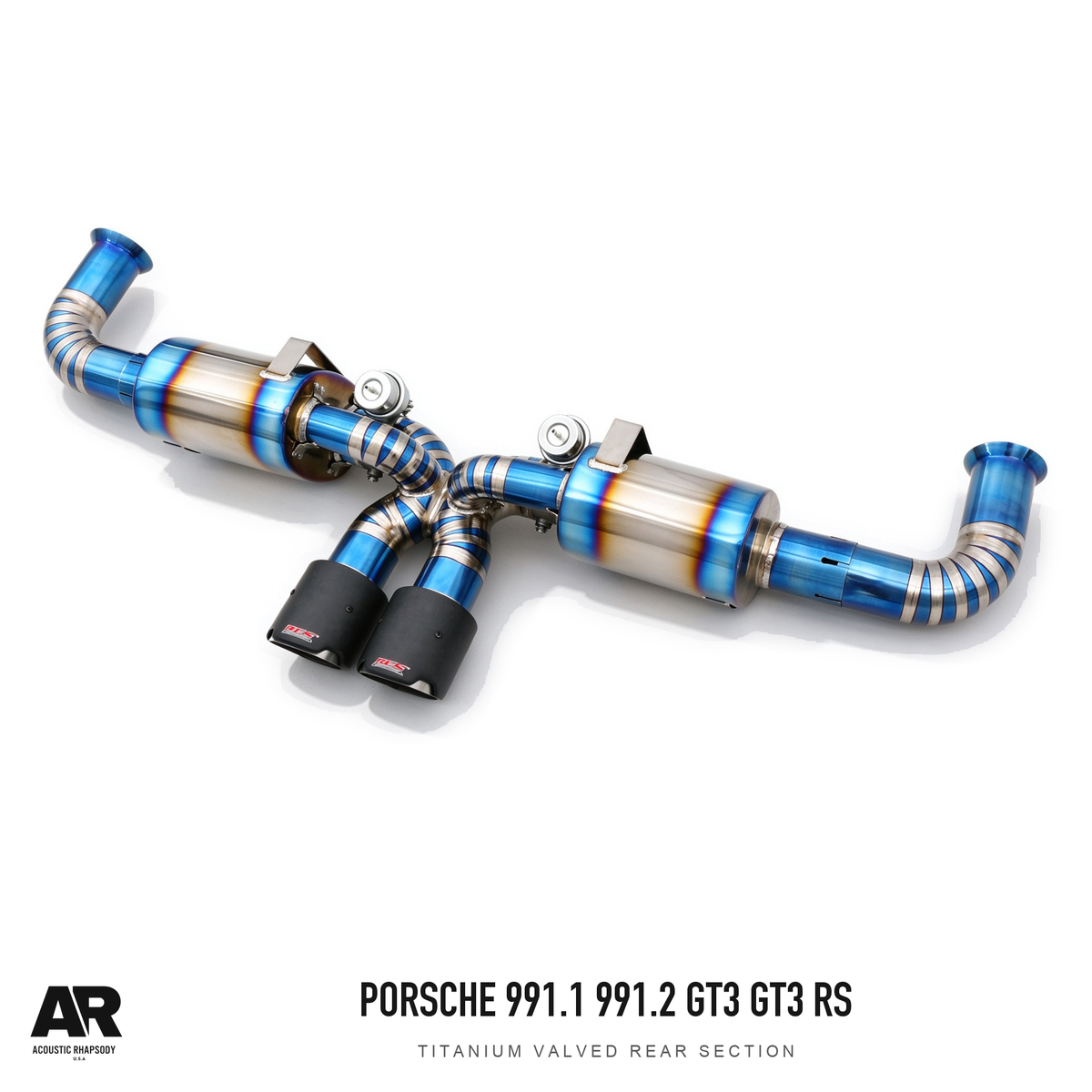 AR Porsche 991.1 991.2 GT3 GT3 RS Titanium Valved Rear Section — complete assembly, view 3; original finish with AR presentation.