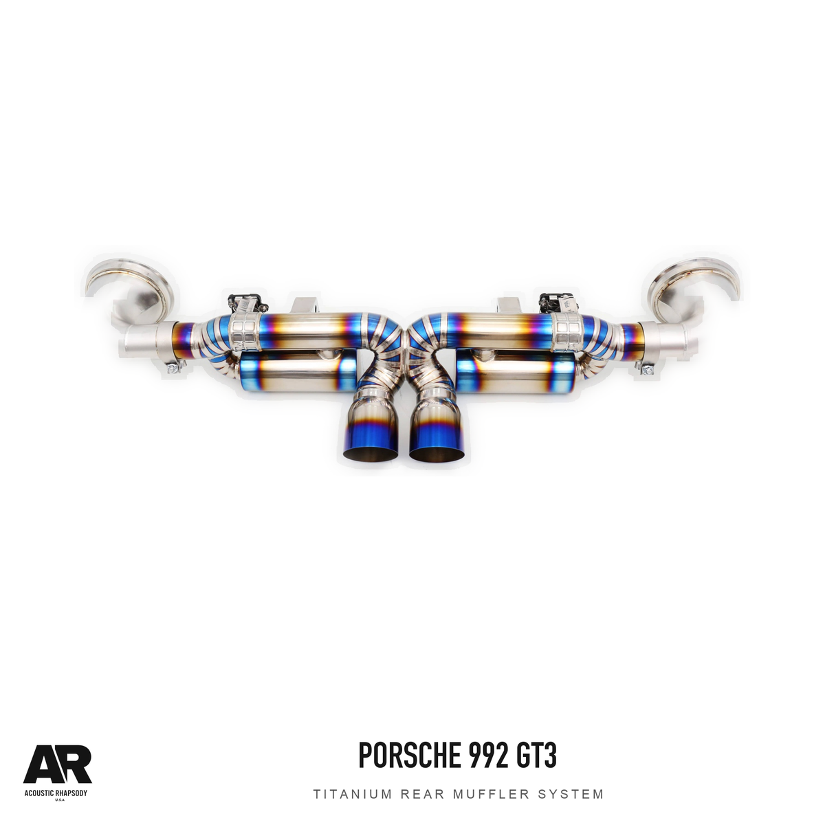 AR Porsche 992 GT3 4.0 Titanium Rear Muffler System — complete photographed assembly. Original product photograph styled with AR branding.