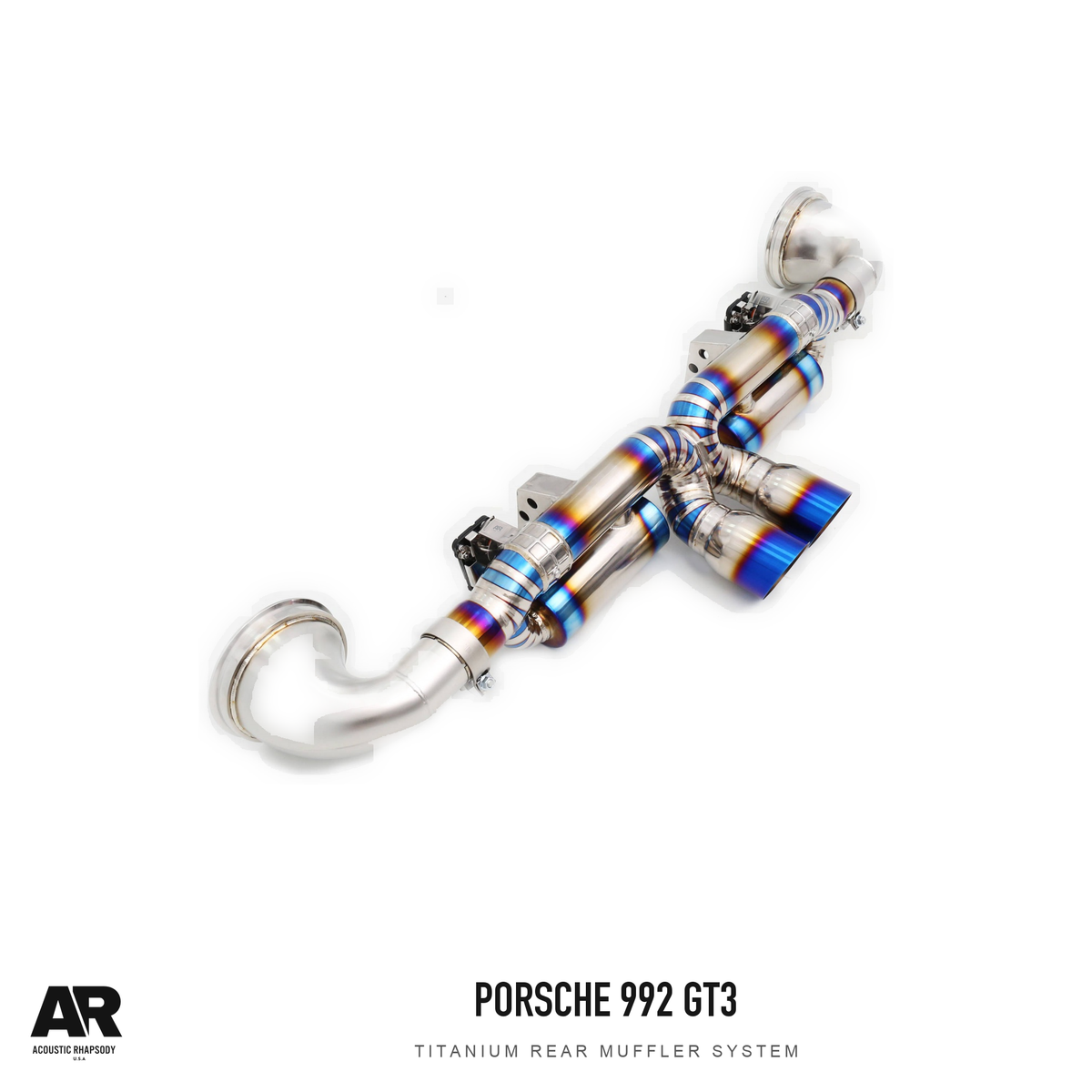 AR Porsche 992 GT3 4.0 Titanium Rear Muffler System — second original photographic angle. Original product photograph styled with AR branding.