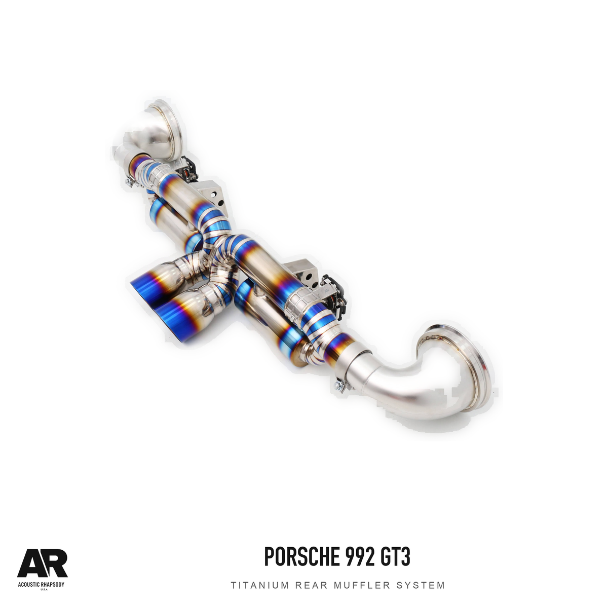 AR Porsche 992 GT3 4.0 Titanium Rear Muffler System — third original photographic angle. Original product photograph styled with AR branding.