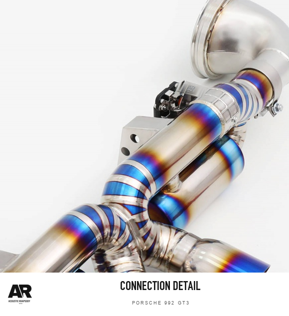 AR Porsche 992 GT3 4.0 Titanium Rear Muffler System — connection detail. Original product photograph styled with AR branding.
