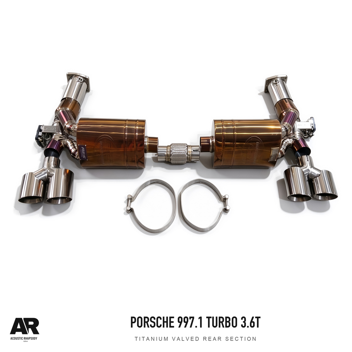 AR Porsche 997.1 Turbo 3.6T Titanium Valved Rear Section — complete assembly, view 1; original finish with AR presentation.