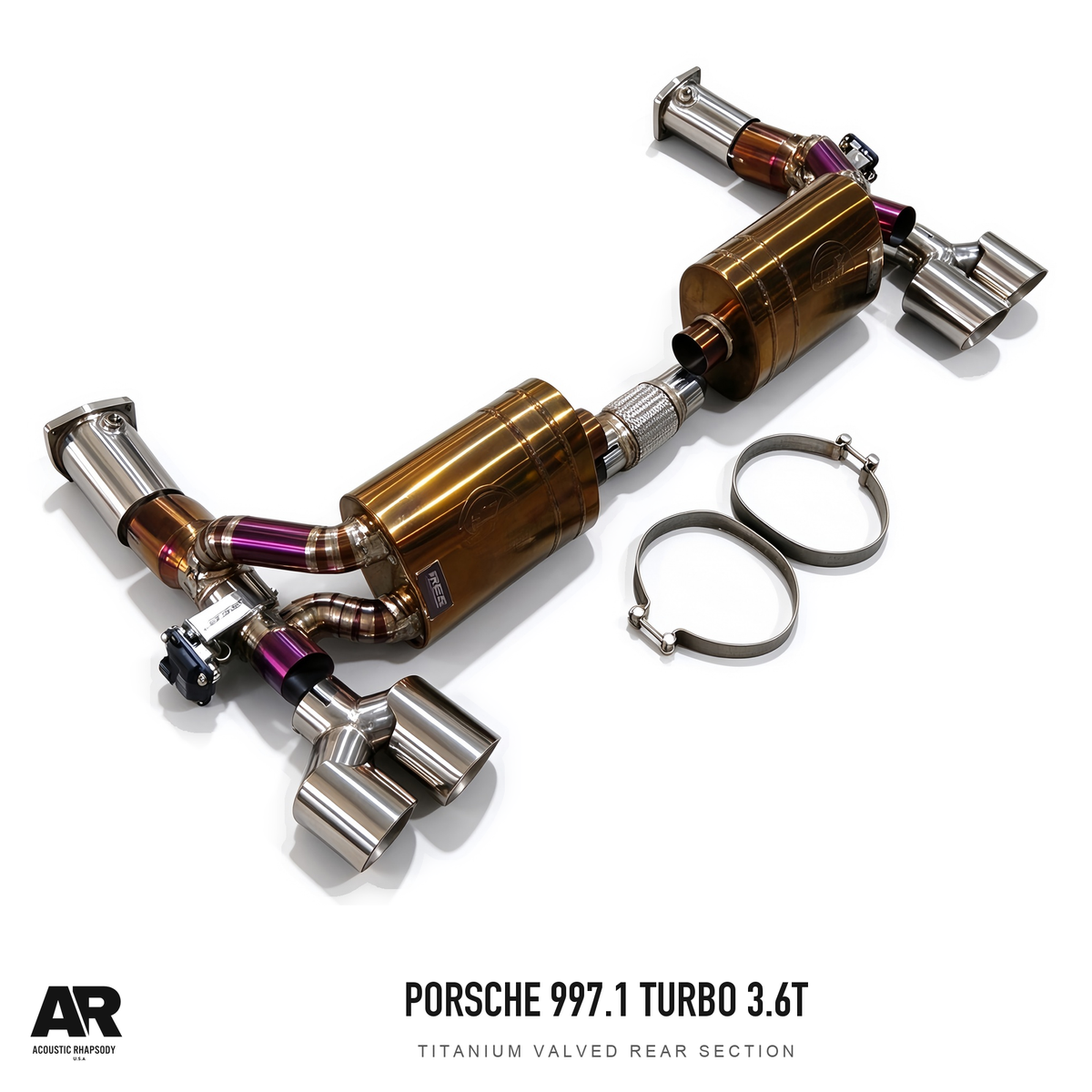 AR Porsche 997.1 Turbo 3.6T Titanium Valved Rear Section — complete assembly, view 3; original finish with AR presentation.