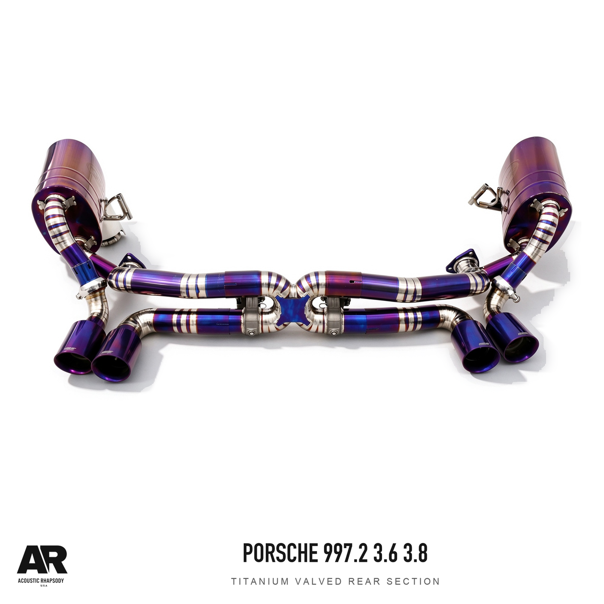 AR Porsche 997.2 3.6 3.8 Titanium Valved Rear Section — complete assembly, view 2; original finish with AR presentation.
