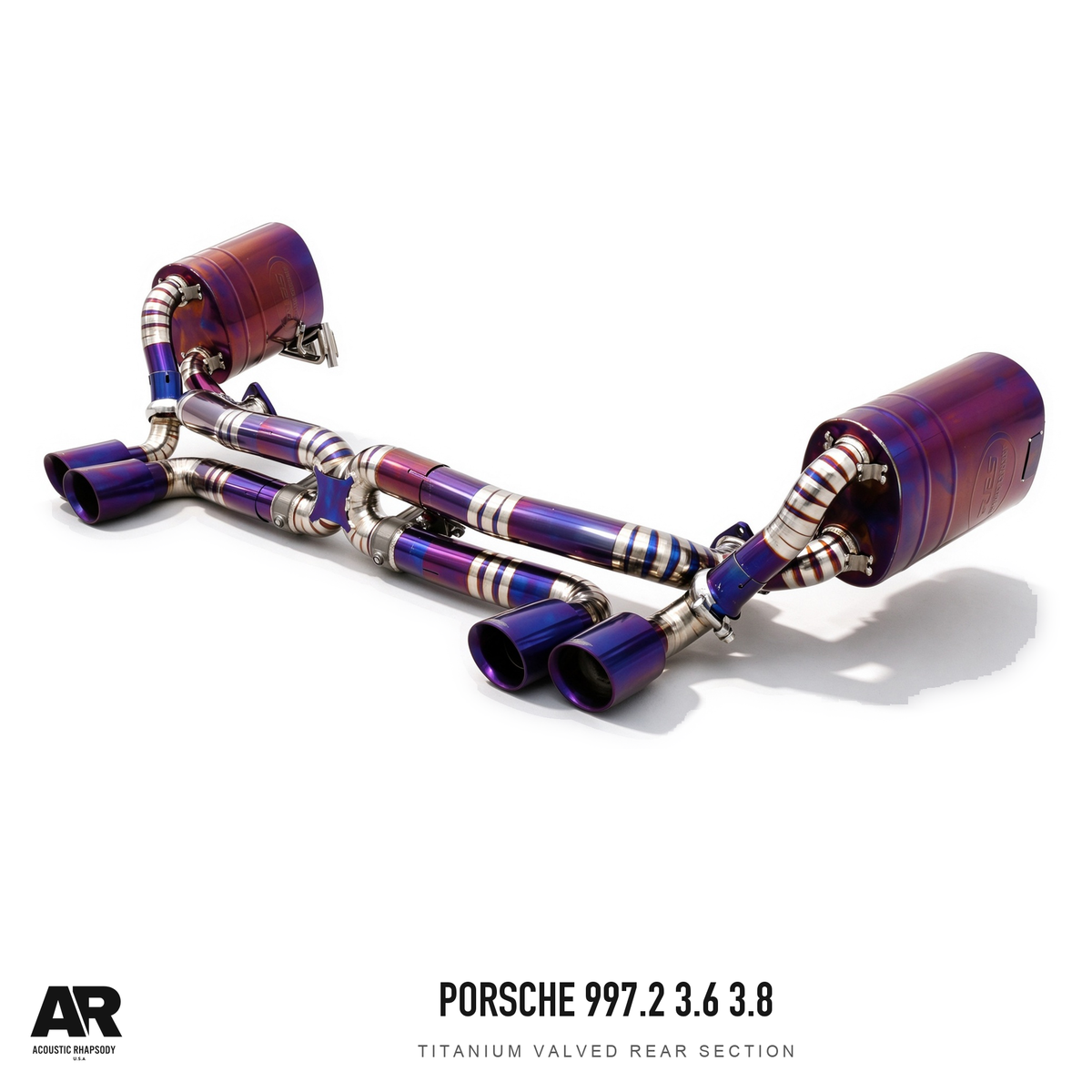 AR Porsche 997.2 3.6 3.8 Titanium Valved Rear Section — complete assembly, view 3; original finish with AR presentation.