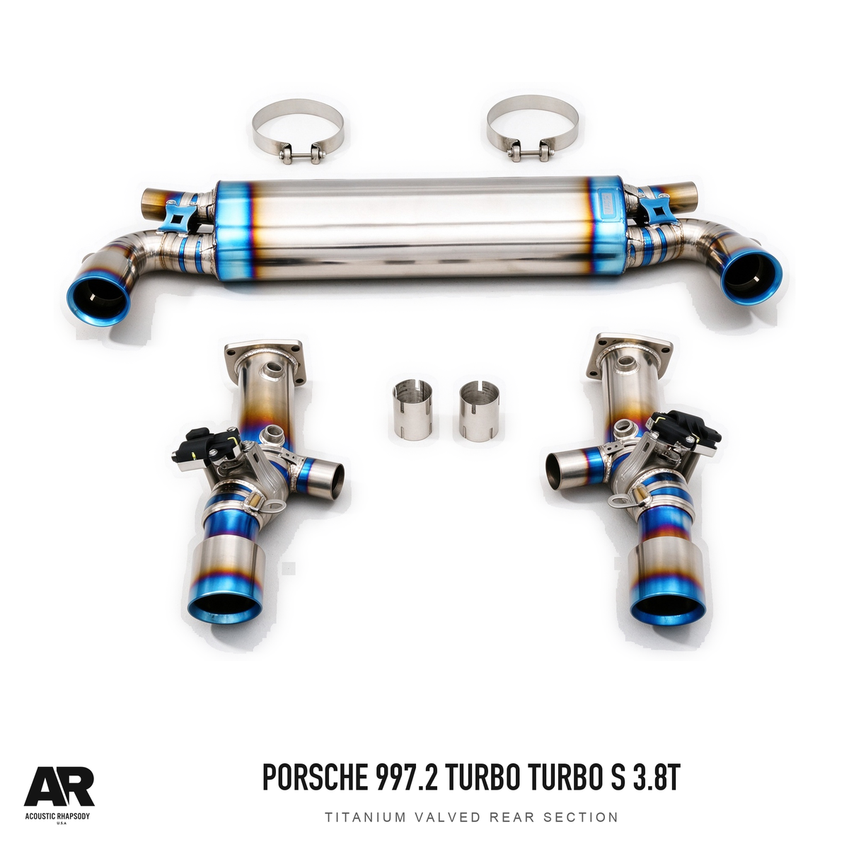 AR Porsche 997.2 Turbo Turbo S 3.8T Titanium Valved Rear Section — complete assembly, view 2; original finish with AR presentation.