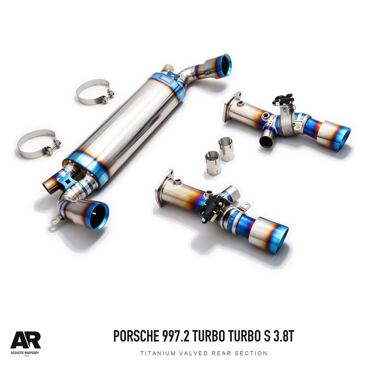 AR Porsche 997.2 Turbo Turbo S 3.8T Titanium Valved Rear Section — complete assembly, view 3; original finish with AR presentation.