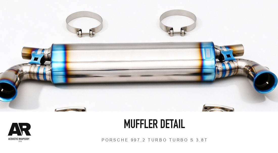 AR Porsche 997.2 Turbo Turbo S 3.8T Titanium Valved Rear Section — original photograph detail 4; original finish with AR presentation.