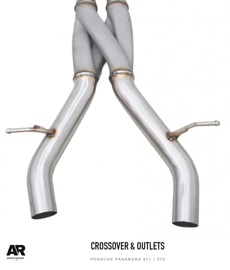 AR Porsche Panamera 971/976 SS304 Z Midpipe — crossover & outlets. Original product photograph styled with AR branding.