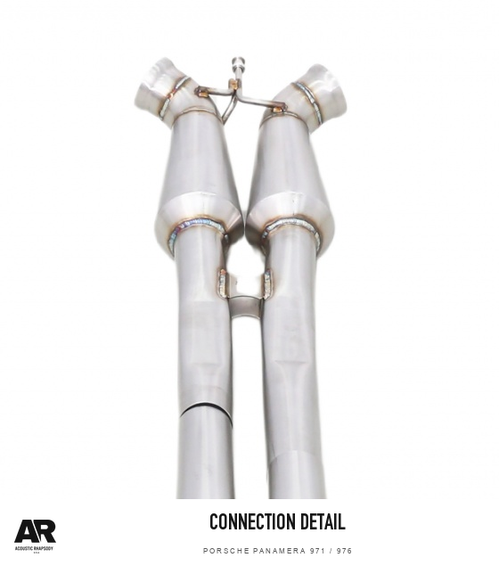 AR Porsche Panamera 971/976 SS304 Z Midpipe — connection detail. Original product photograph styled with AR branding.