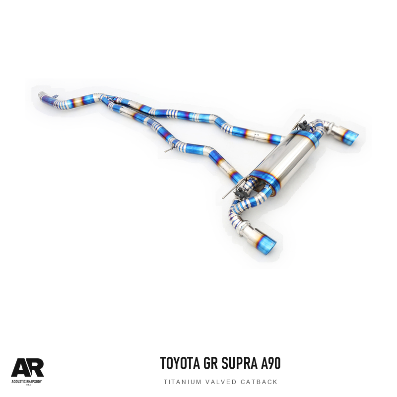 AR Toyota GR Supra A90 Titanium Valved Catback — second original photographic angle. Original product photograph styled with AR branding.