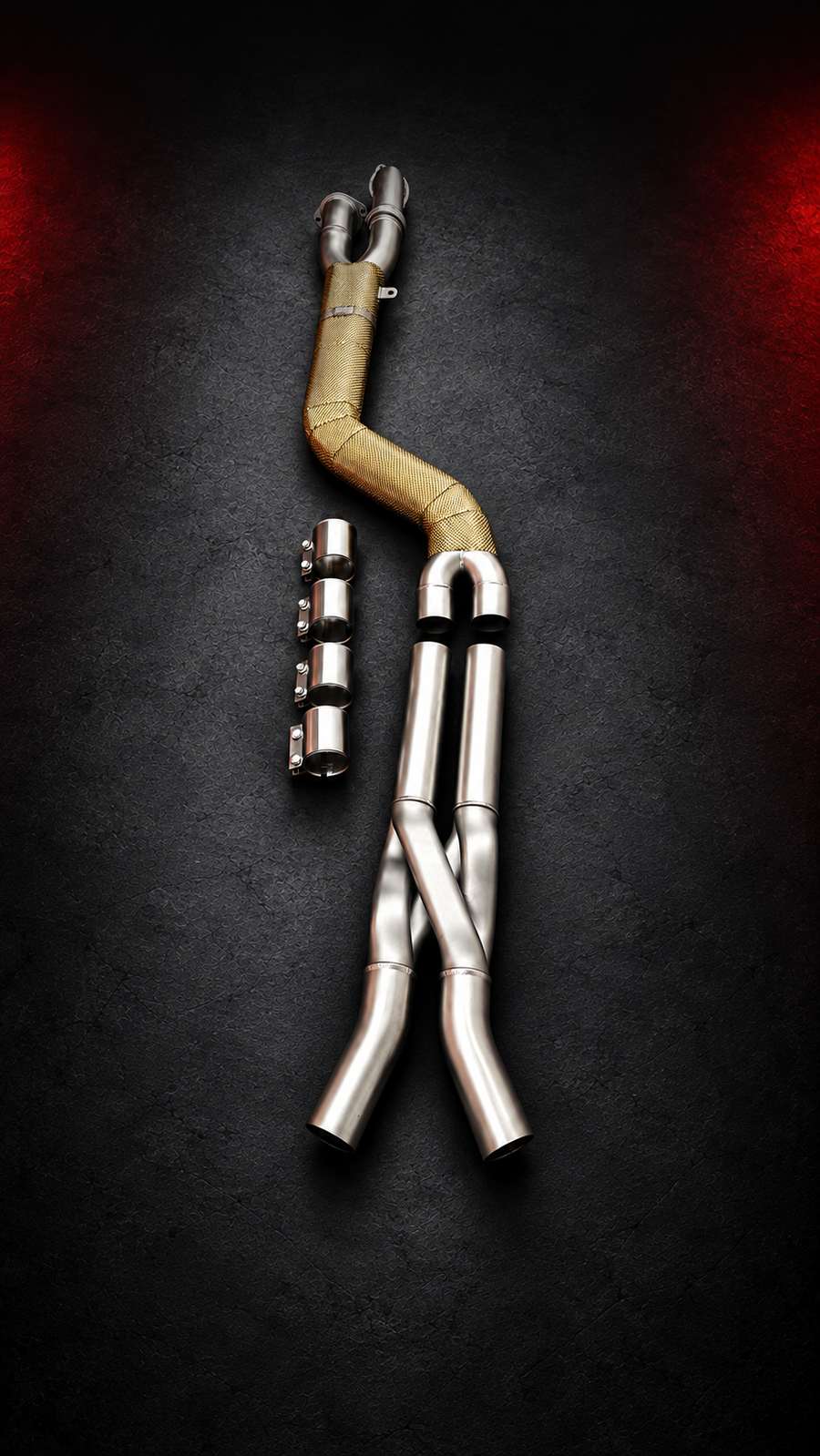 AR hybrid midsection product artwork with a gold-colored heat shield and crossover pipe section.